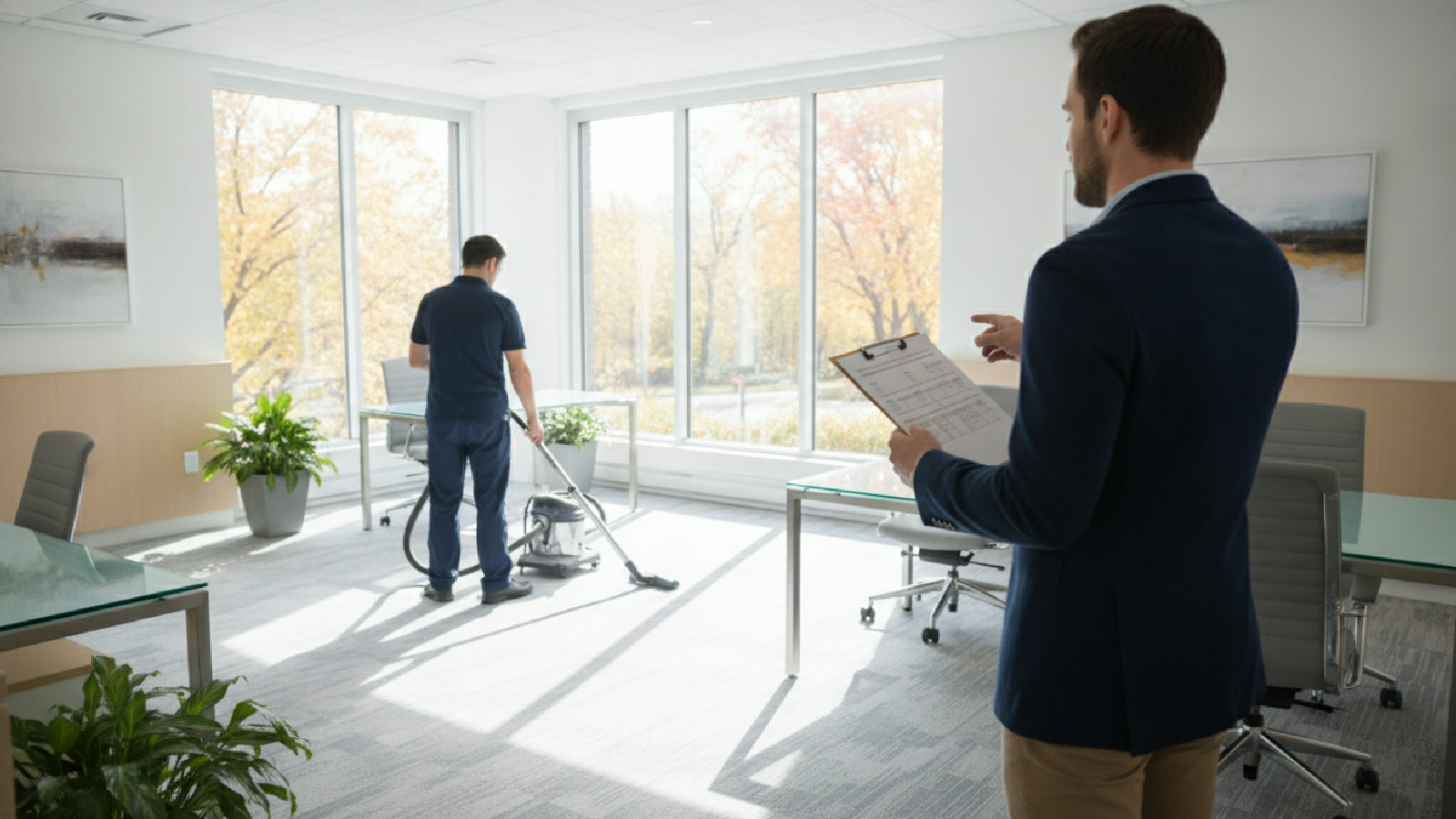 Gestionnaire d'immeuble qui révise un cahier des charges d'entretien ménager dans un bureau commercial pendant qu'un préposé nettoie en arrière-plan