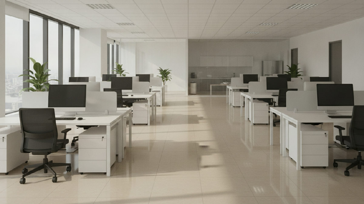 Aire ouverte de bureaux impeccable après un passage d'entretien ménager conforme au cahier des charges, planchers brillants et postes dégagés