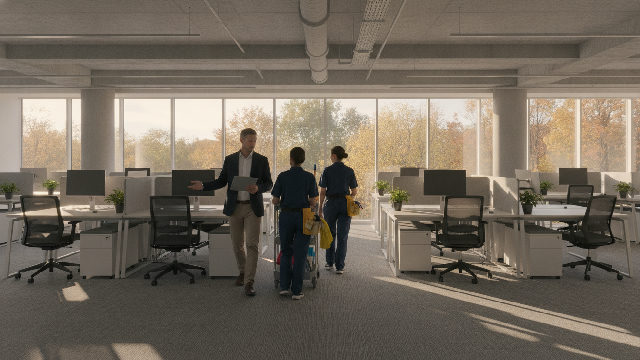 Gestionnaire et équipe d'entretien ménager qui font la tournée d'un immeuble de bureaux de la Rive-Sud avant de changer d'entreprise d'entretien