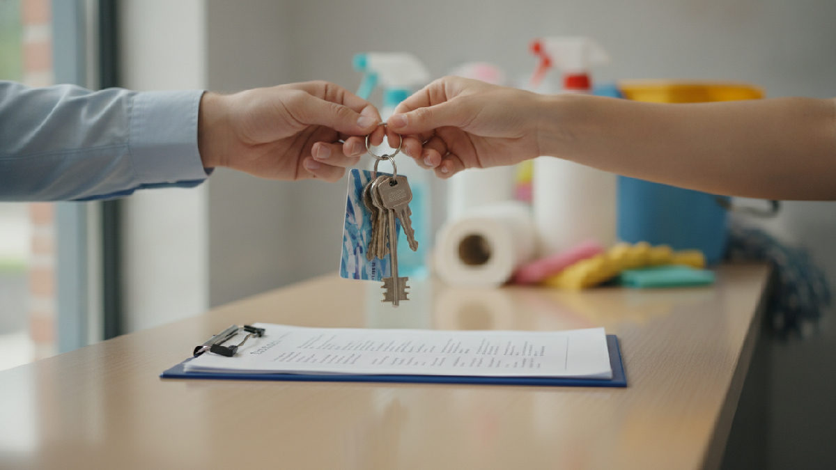 Remise d'un trousseau de clés et d'une liste de tâches d'entretien ménager lors du changement d'entreprise d'entretien dans un immeuble commercial