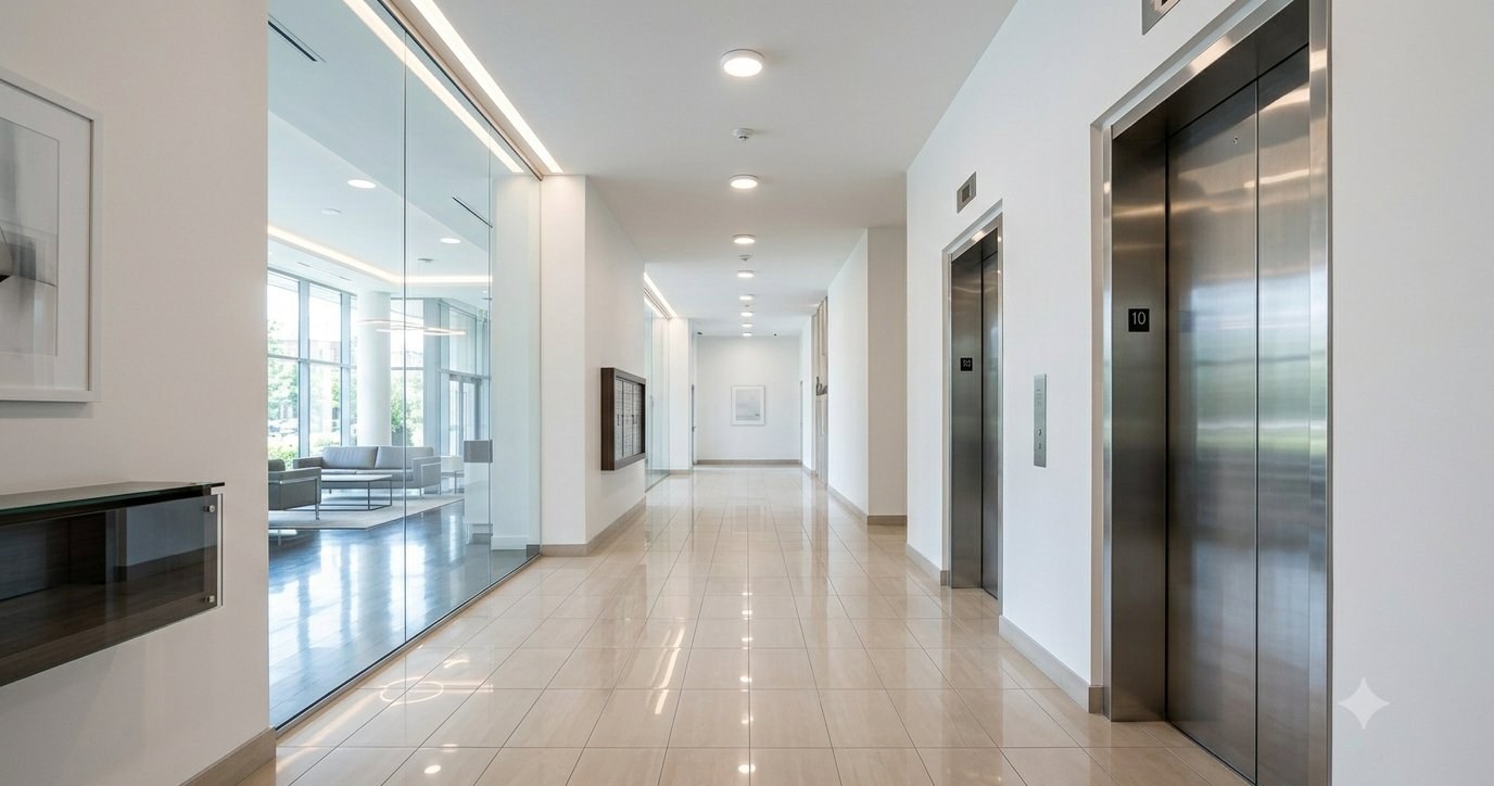 Corridor propre d'une copropriété montréalaise — sol brillant, portes d'ascenseur en acier, éclairage LED