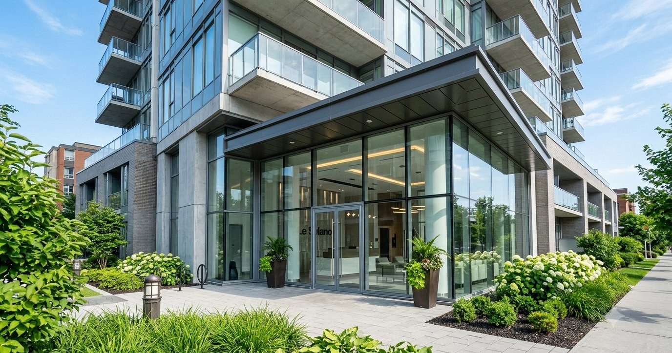 Gestionnaire d'immeuble inspectant l'entrée d'une copropriété avec checklist — été 2026 Montréal