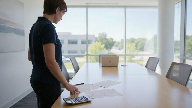 Gestionnaire immobilier qui compare trois soumissions d'entretien ménager commercial sur une table de bureau à Brossard