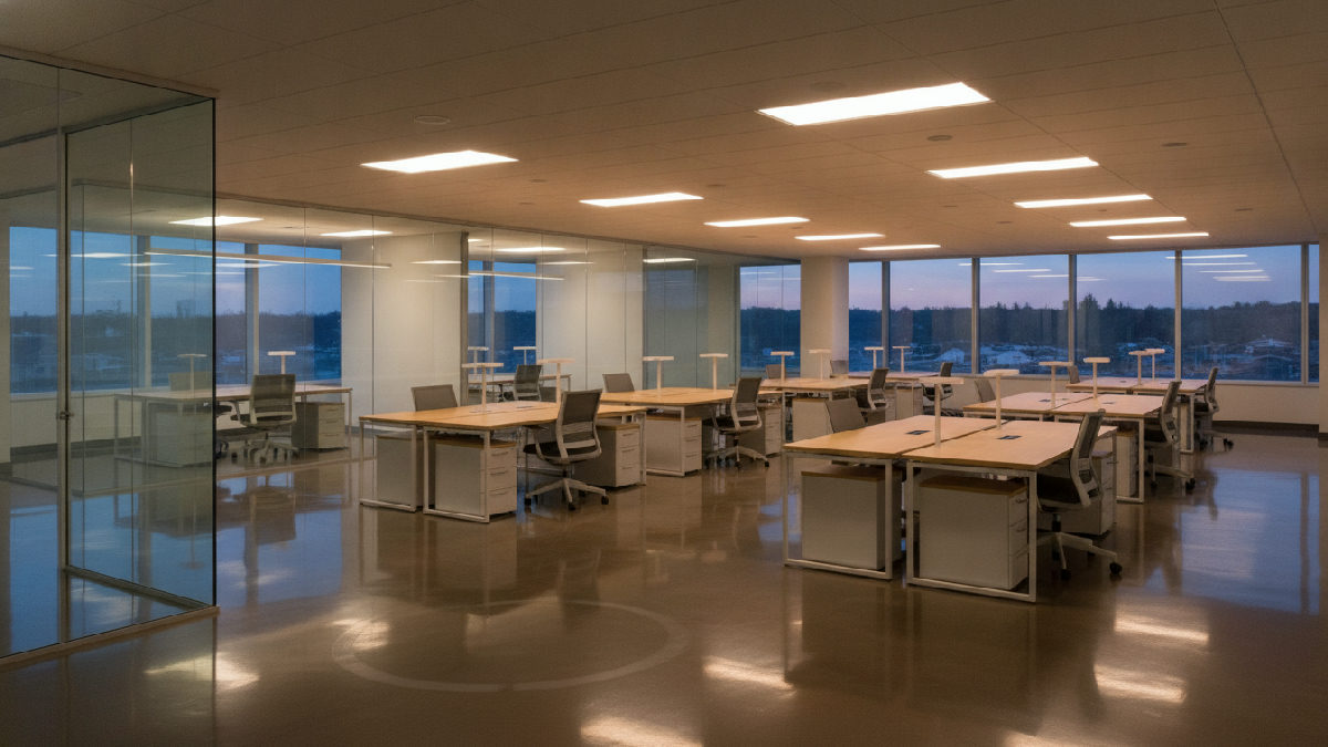 Bureaux commerciaux propres après l'entretien ménager du soir sur la Rive-Sud, planchers luisants et postes de travail dégagés