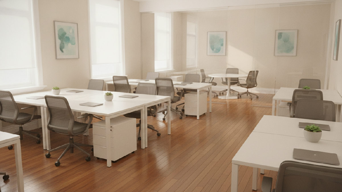Bureaux de PME propres le matin après le passage de l'entreprise d'entretien ménager commercial, planchers brillants et postes dégagés