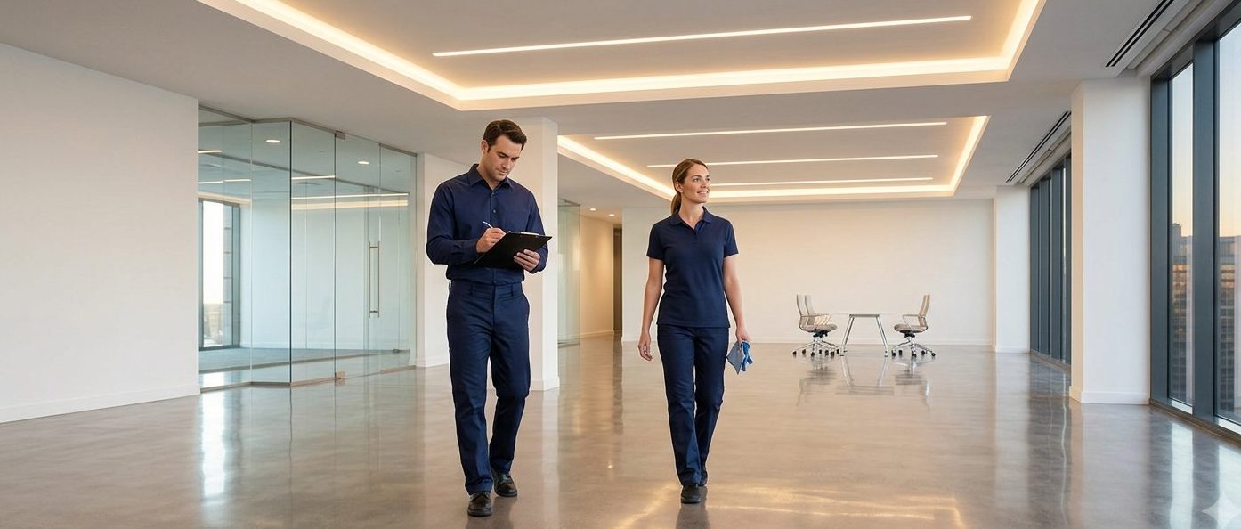 Equipe de nettoyage commercial inspectant un espace fraichement renove