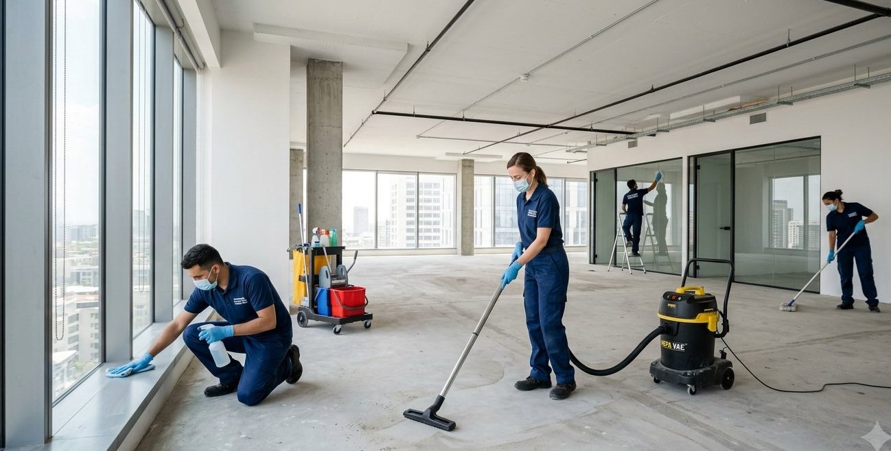 Equipe de nettoyage professionnel dans un espace commercial apres renovation a Montreal
