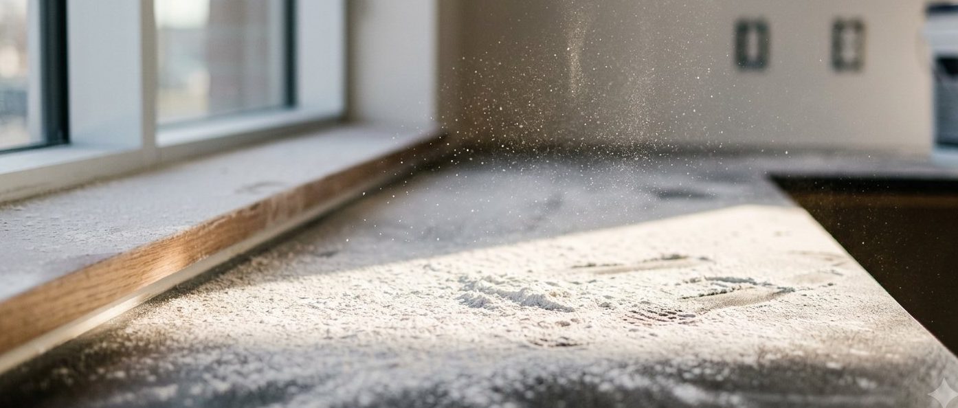 Poussiere fine de gypse sur des surfaces apres renovation dans un espace commercial