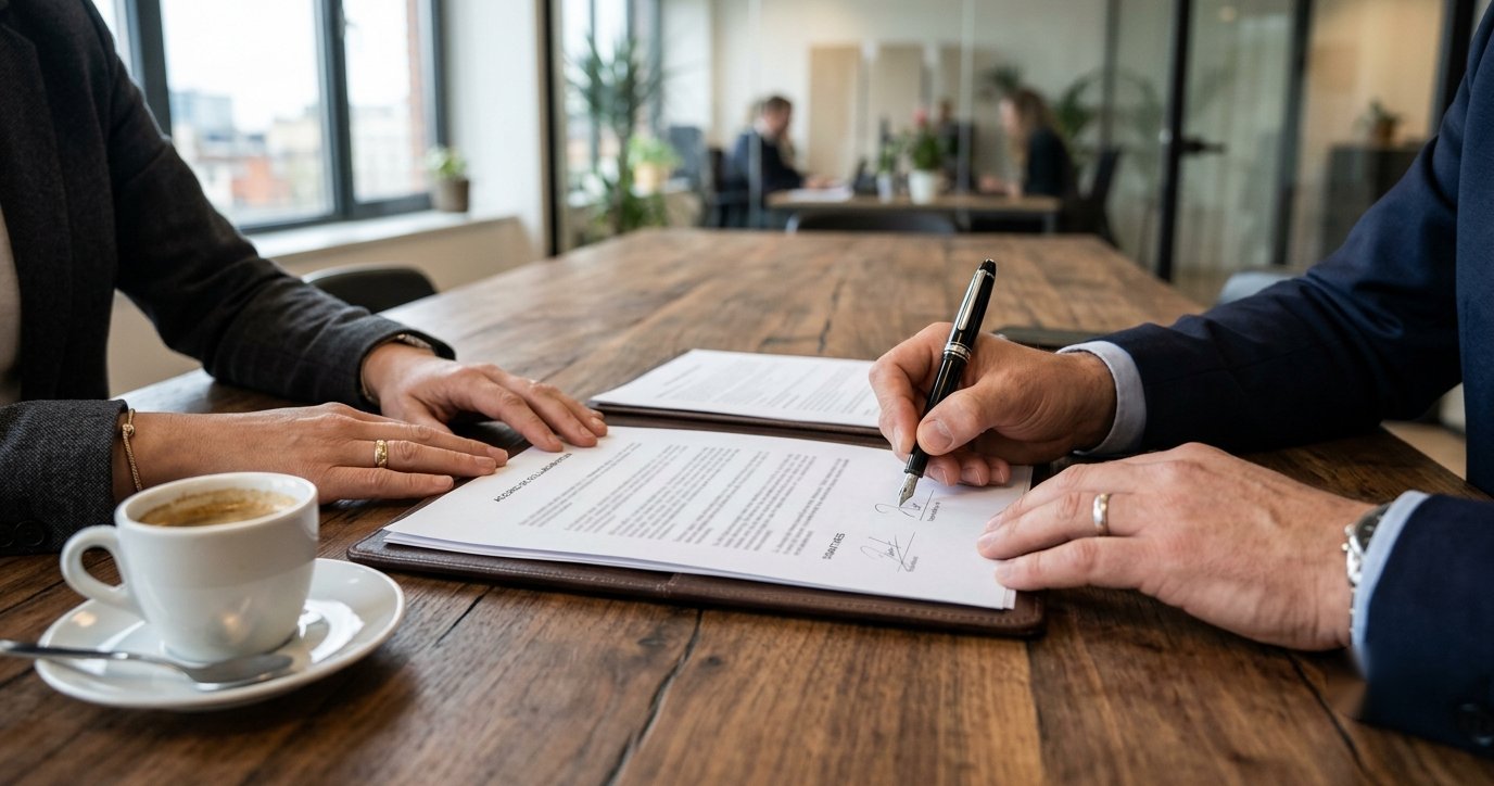 Contrat d'entretien commercial et stylo sur une table de conférence lors d'une signature