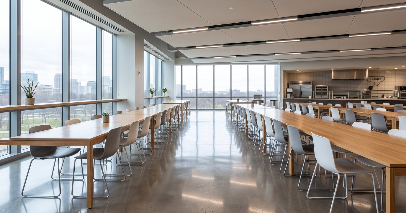 Cafétéria d'entreprise vide avec tables et chaises propres, plancher lavé