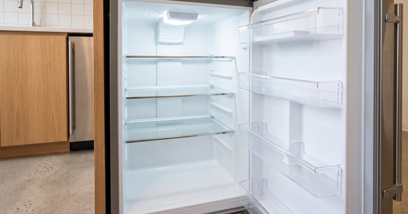 Intérieur de réfrigérateur de bureau vide, propre et désinfecté avec tablettes de verre