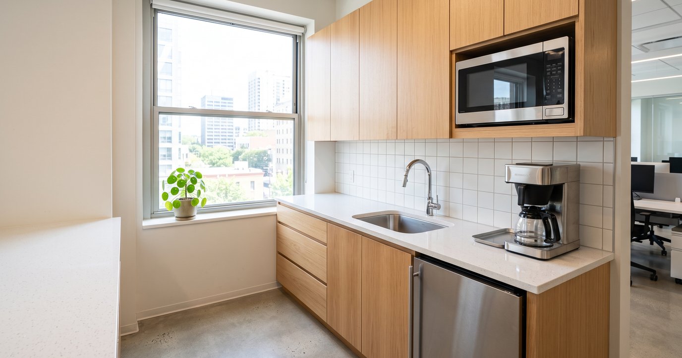Cuisinette de bureau moderne parfaitement propre avec comptoir dégagé, micro-ondes et évier vide
