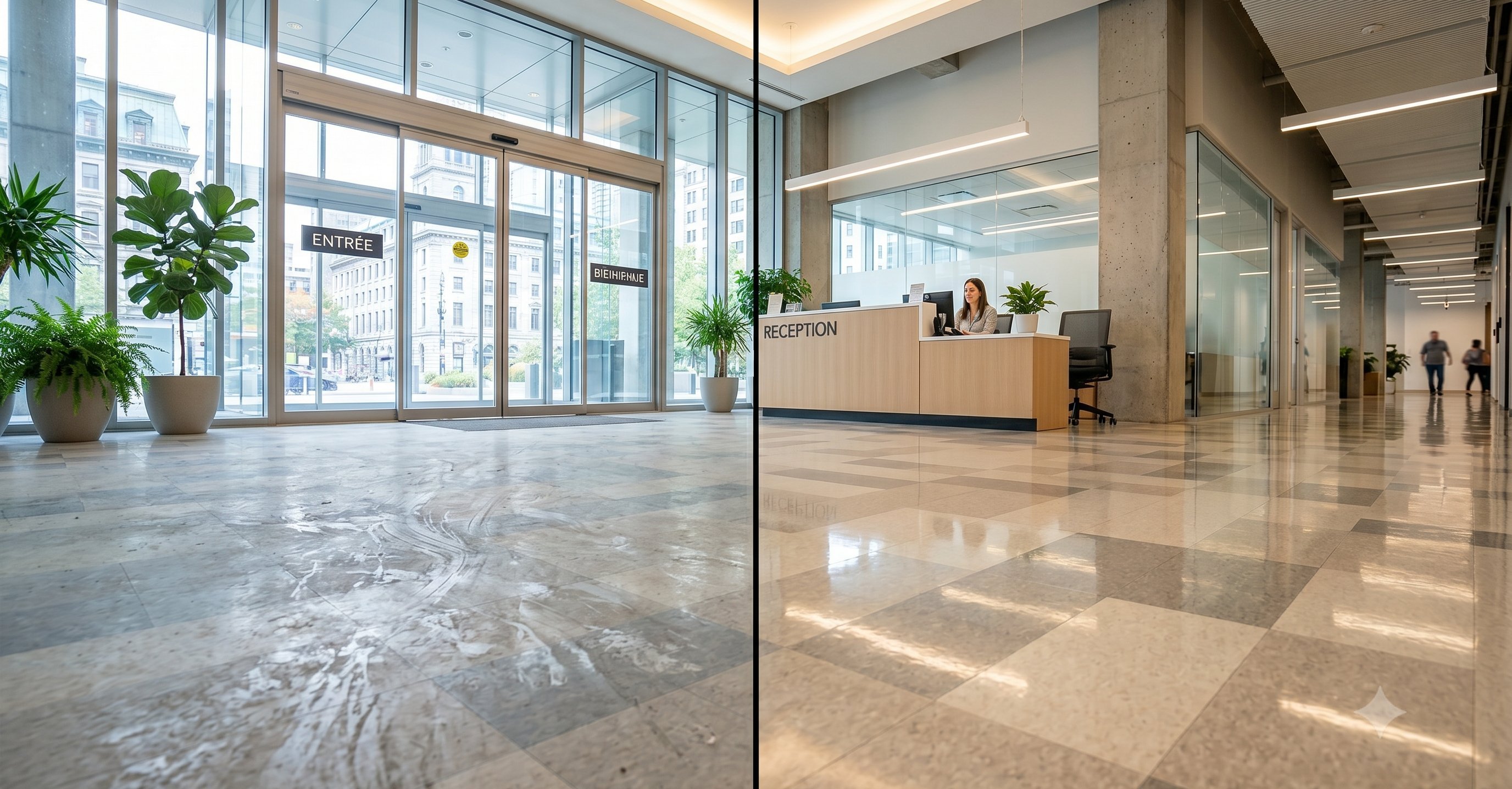 Comparaison avant apres decapage cirage plancher commercial — cote terne et zone refinie brillante