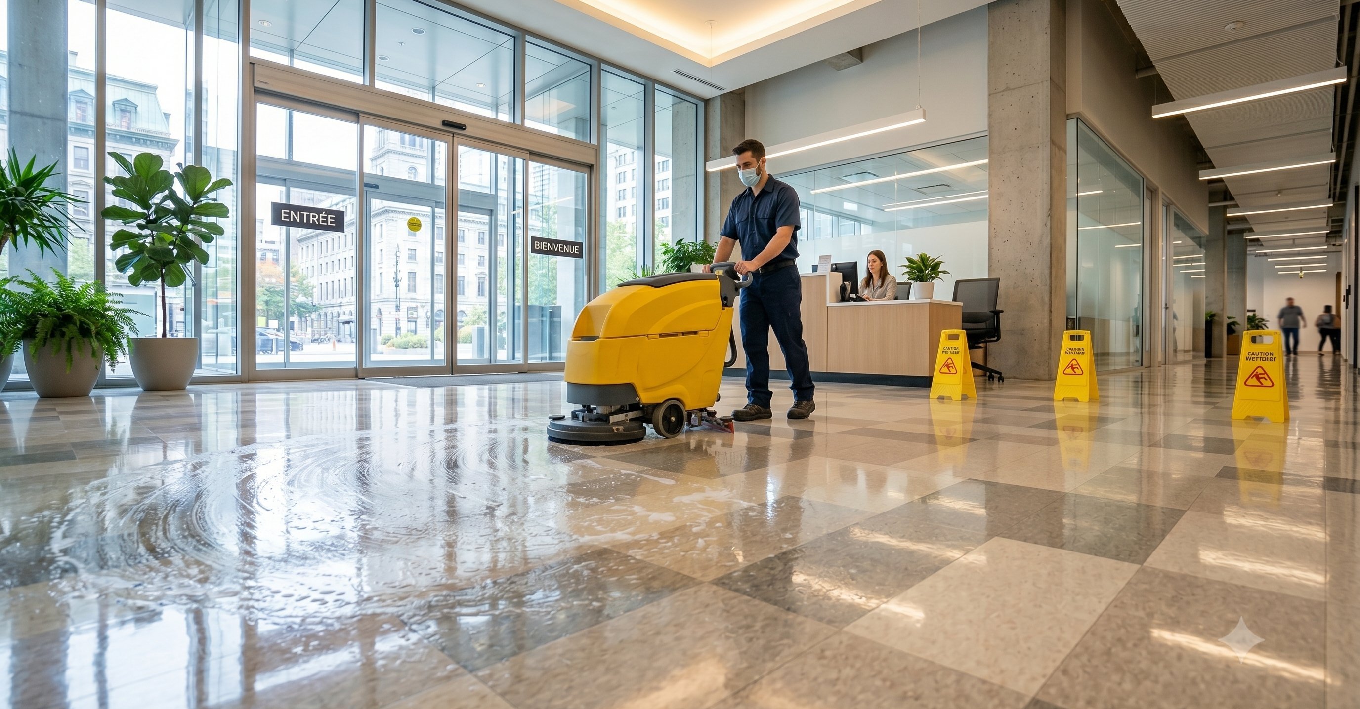 Technicien GCC Entretien utilisant une autorecureuse professionnelle pour decaper un plancher VCT