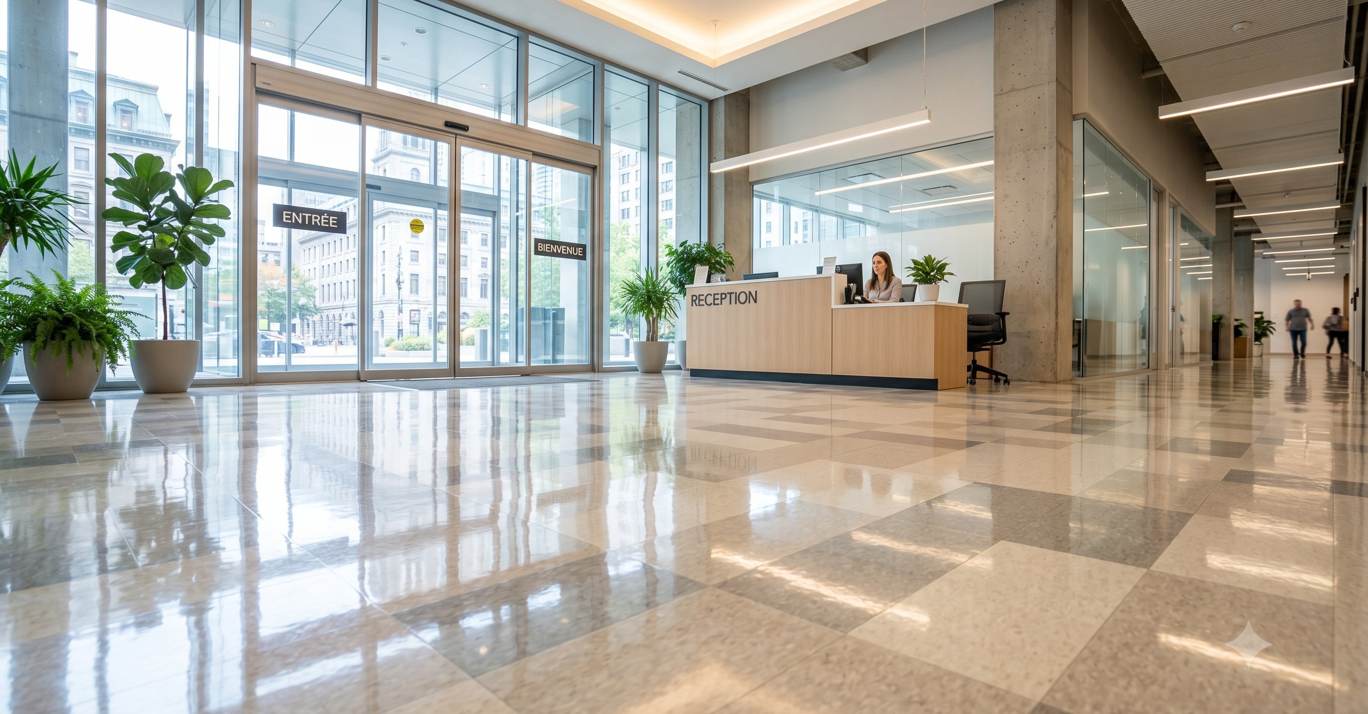 Decapage et cirage de plancher commercial VCT brillant dans un hall d'entree d'immeuble a Montreal