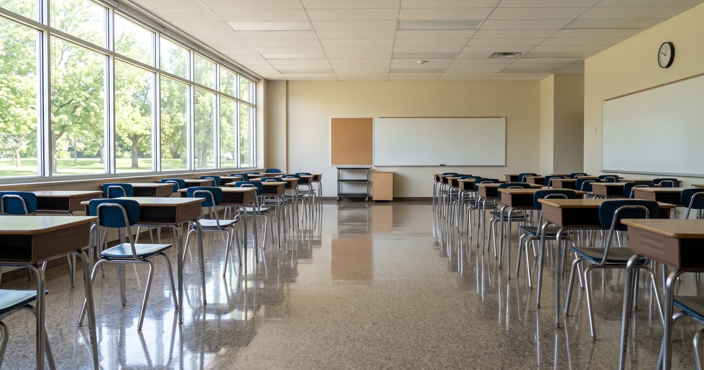 Classe d'école vide avec pupitres alignés, tableau propre et plancher fraîchement traité