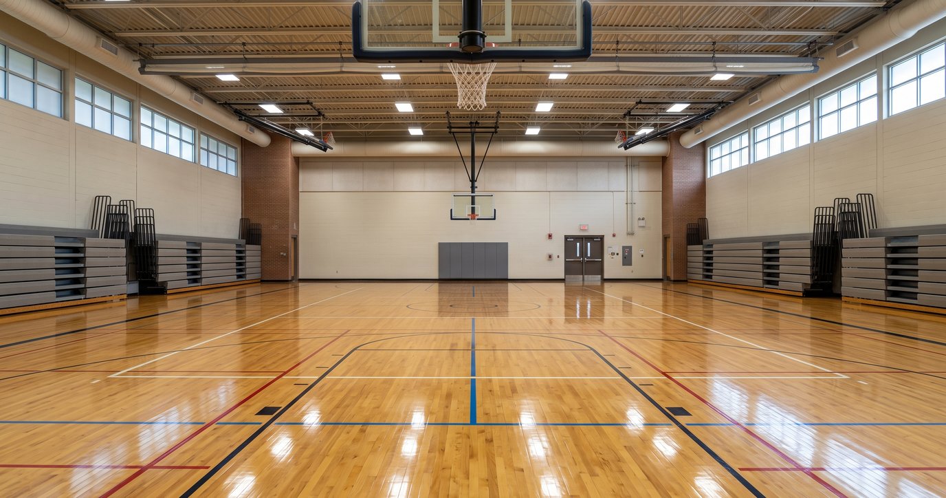 Gymnase d'école vide avec plancher sportif propre et lignes de jeu bien visibles
