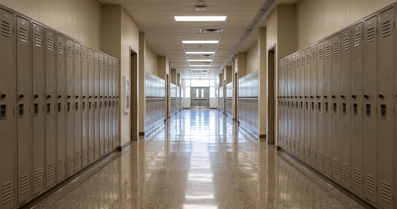 Corridor d'école vide avec casiers et plancher fraîchement ciré qui reflète la lumière