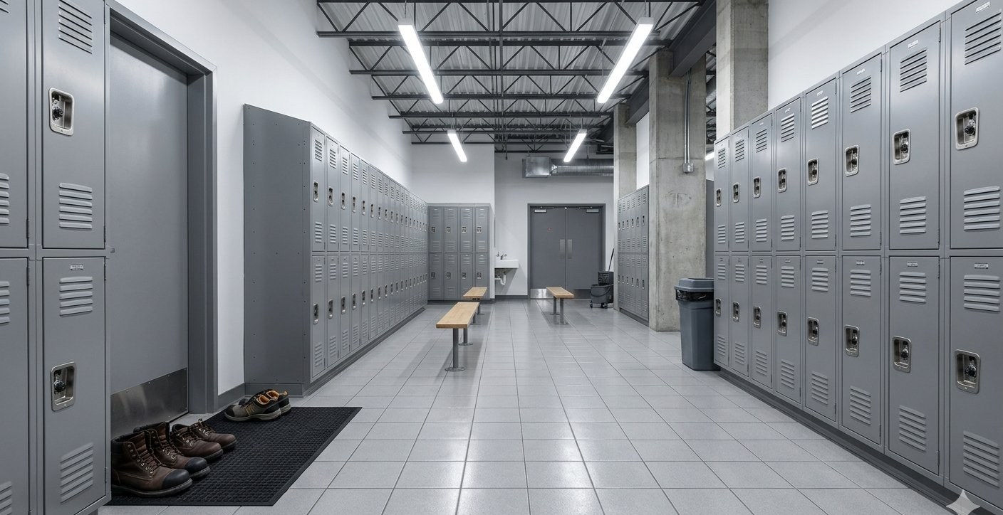 Vestiaire d'entrepôt propre et bien entretenu avec casiers alignés et sol lavé à Montréal