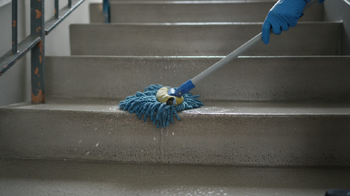 Lavage des marches d'une cage d'escalier d'immeuble locatif à Longueuil pendant l'entretien des aires communes