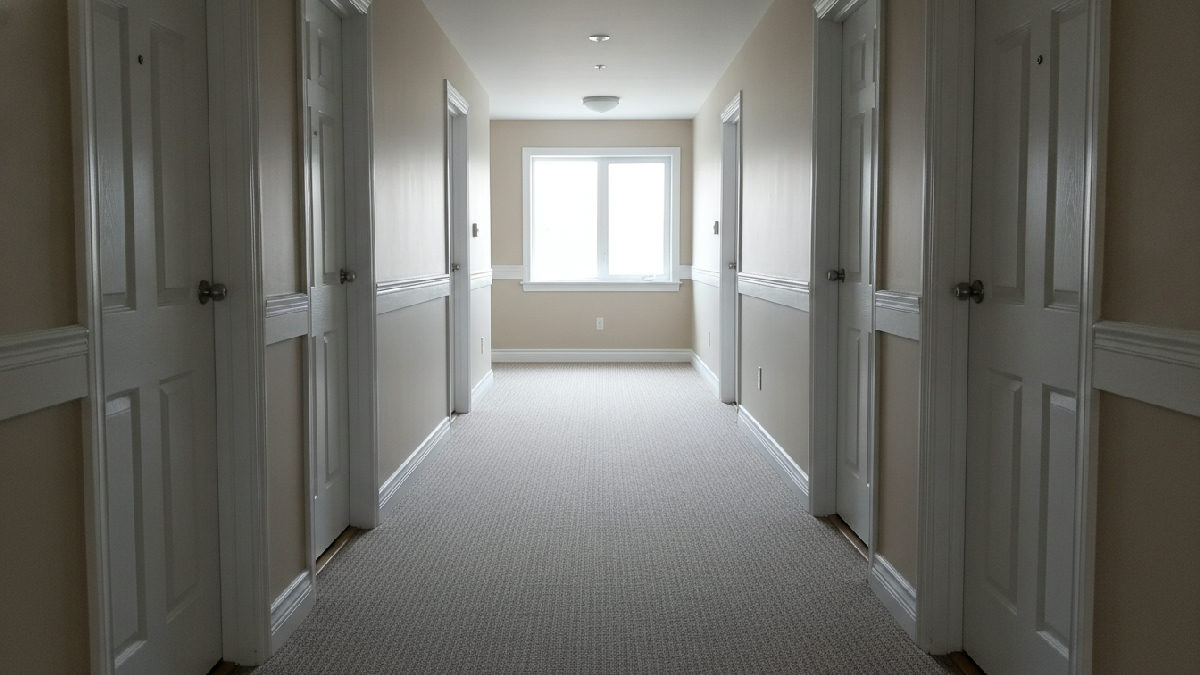 Corridor d'immeuble locatif propre et lumineux après l'entretien des aires communes à Longueuil