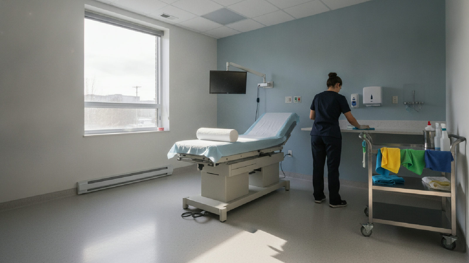 Préposée à l'entretien ménager qui désinfecte une salle d'examen de clinique médicale à Brossard selon un protocole de prévention des infections