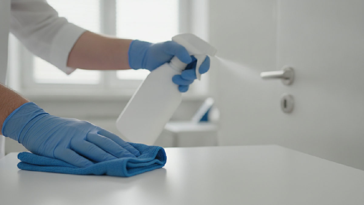 Désinfection d'une table d'examen et d'un comptoir de clinique médicale avec chiffons microfibres codés par couleur et produit désinfectant homologué
