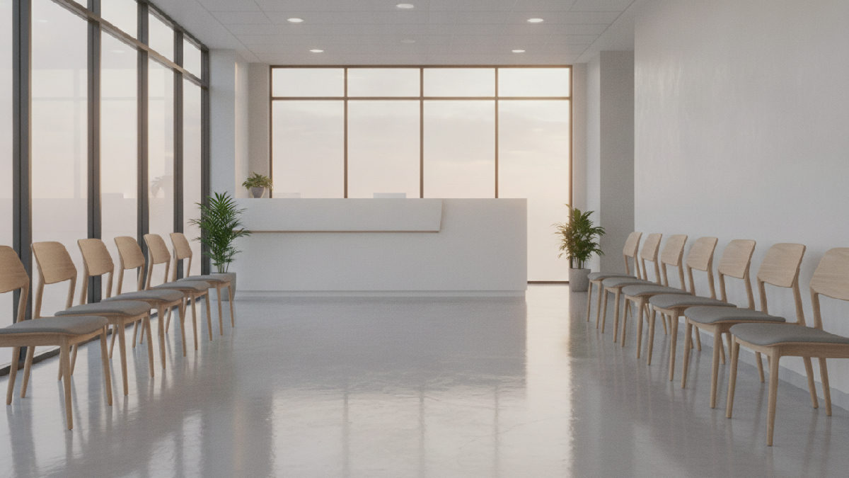 Salle d'attente de clinique dentaire propre et désinfectée après le nettoyage de soir, planchers brillants et chaises alignées