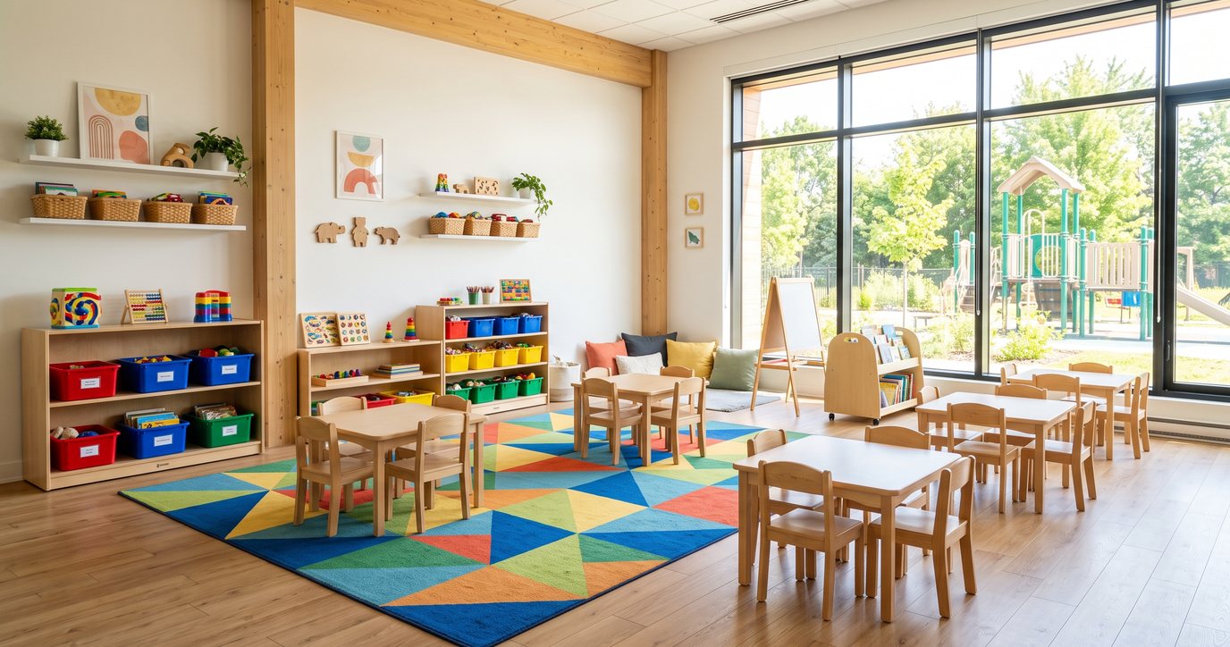 Salle de jeu de garderie propre et lumineuse avec petites chaises, tapis et étagères rangées, aucun enfant présent