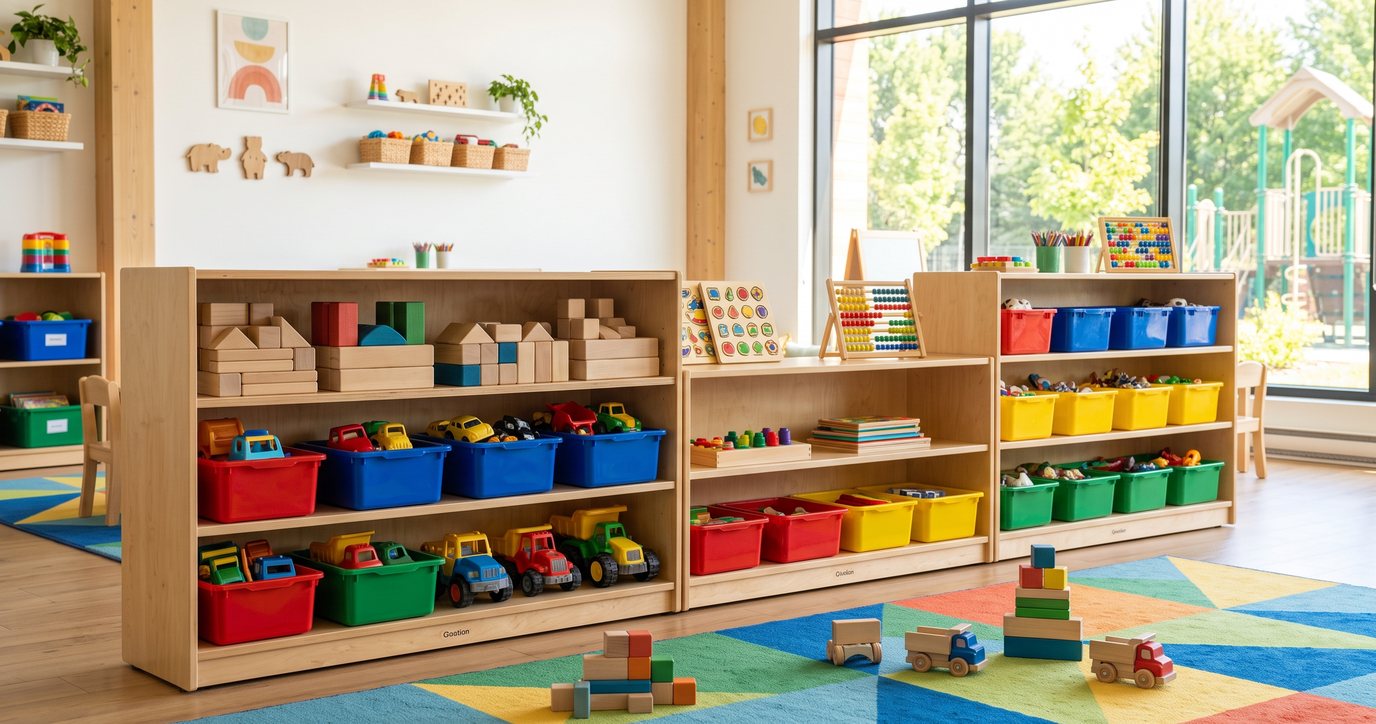 Bacs de jouets en plastique propres et rangés sur des étagères dans un local de garderie