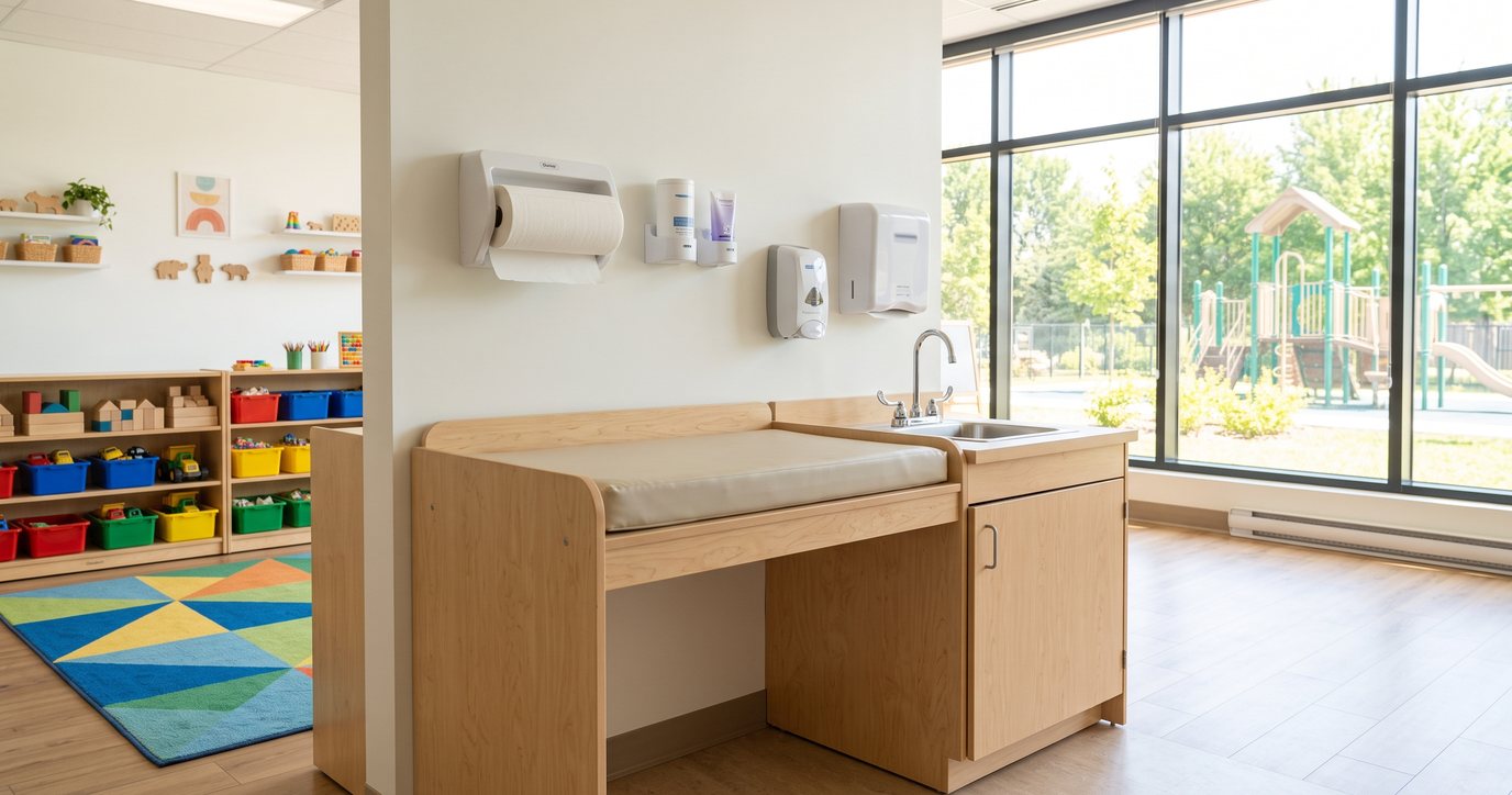 Table à langer de garderie propre avec matelas résistant à l'eau, lavabo et distributrices à proximité