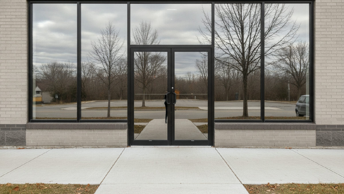Façade vitrée d'un immeuble commercial propre et sans traces après le lavage de vitres d'automne, lumière d'octobre