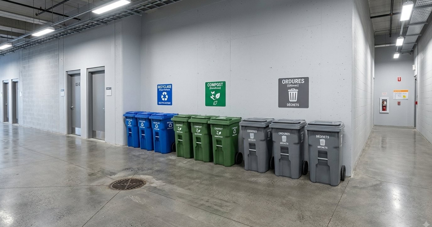 Salle de gestion des déchets commerciale propre avec bacs de recyclage, compost et ordures identifiés par couleur