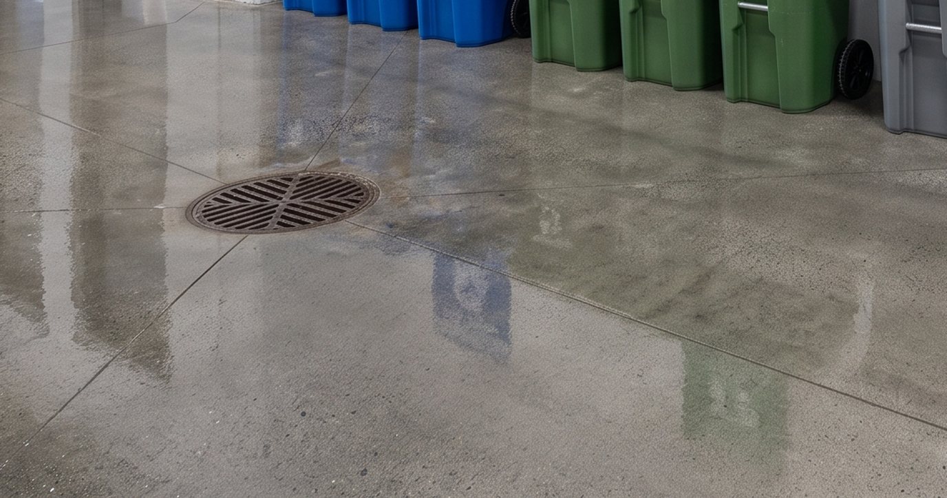 Plancher de béton scellé avec drain de plancher fonctionnel dans un local de déchets commercial