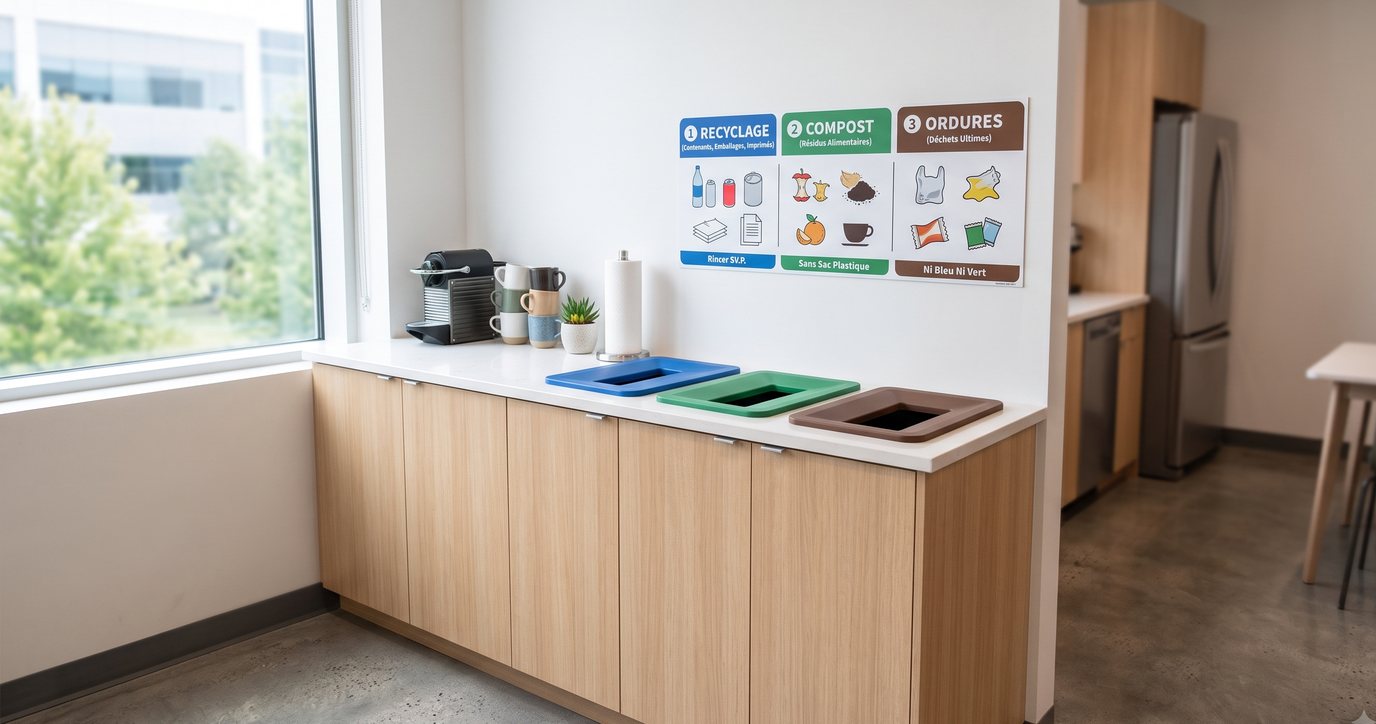 Îlot de tri recyclage, compost et ordures dans une cuisinette de bureau avec affichage visuel au mur