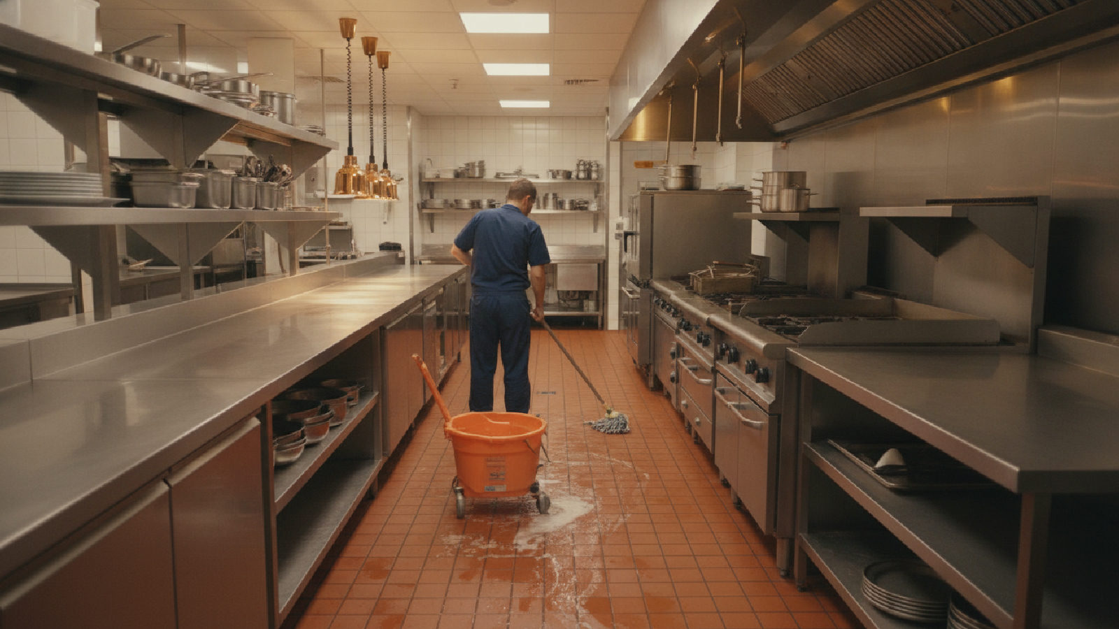 Cuisine commerciale de restaurant nettoyée après la fermeture, préposé à l'entretien qui dégraisse le plancher pour l'inspection du MAPAQ