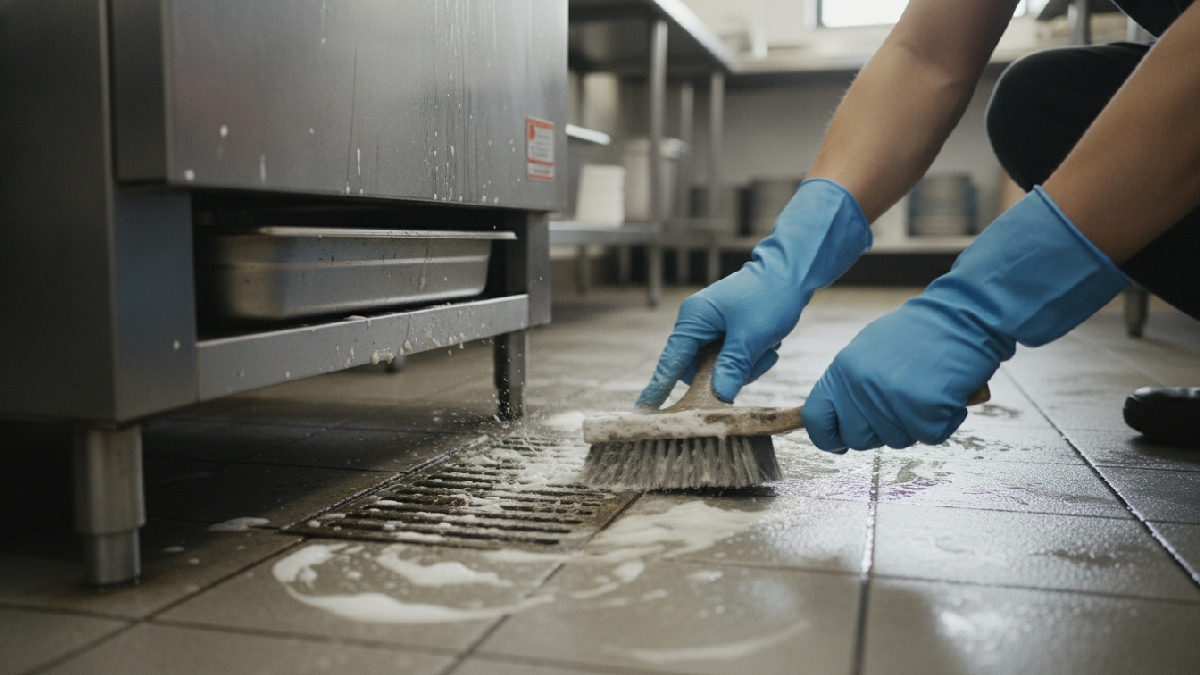 Préposé à l'entretien qui dégraisse le plancher et les plinthes sous l'équipement de cuisson d'un restaurant après la fermeture