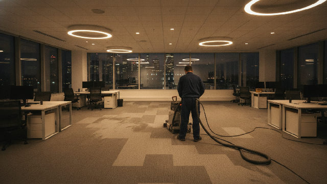 Technicien qui fait l'extraction à chaud d'un tapis commercial dans un plateau de bureaux à Montréal