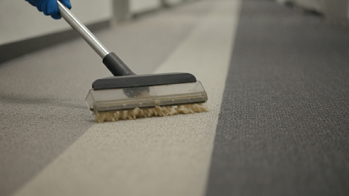 Gros plan d'une buse d'extraction à chaud qui aspire l'eau sale d'un tapis commercial de corridor de bureau