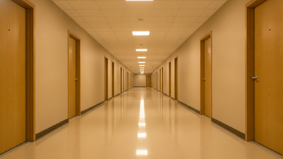 Corridor d'immeuble locatif propre après l'entretien des aires communes, plancher lavé et portes de logements alignées