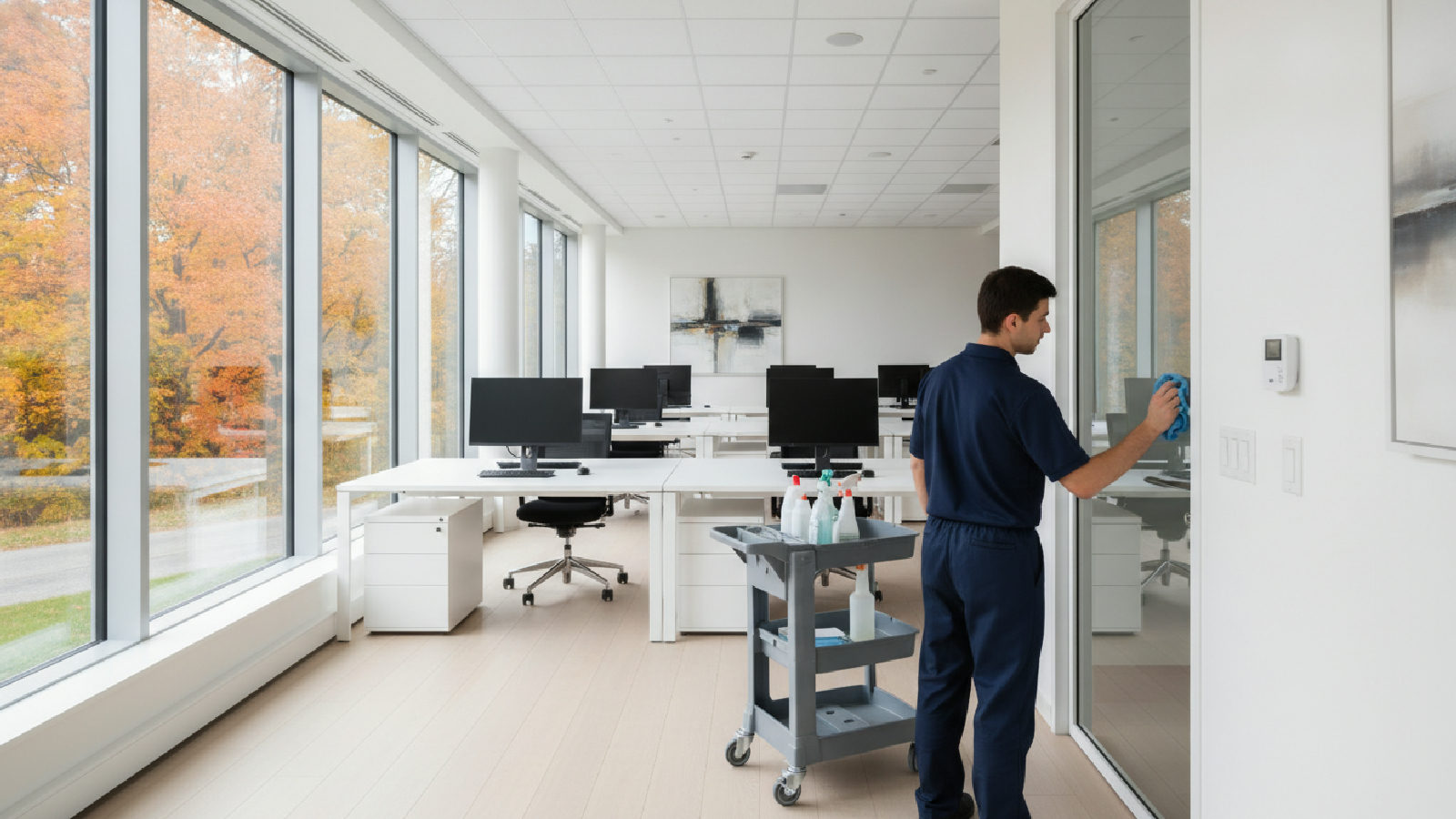 Préposé à l'entretien qui désinfecte les poignées de porte et les surfaces d'un bureau à aire ouverte pendant la saison de la grippe