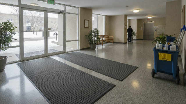 Hall d'entrée d'un immeuble résidentiel de la Rive-Sud en hiver avec tapis d'entrée et plancher protégé contre le calcium et le sel
