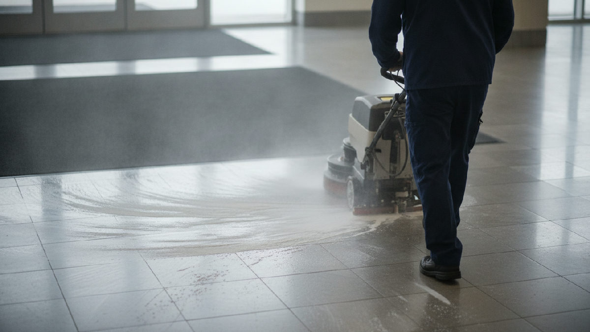 Préposé à l'entretien qui retire les résidus de calcium et de sel d'un plancher de hall d'immeuble avec une autolaveuse