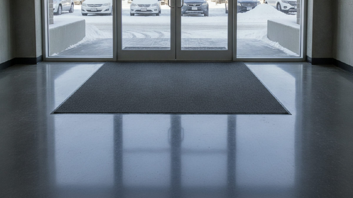 Plancher de hall d'immeuble propre et sans traces de calcium en hiver, tapis d'entrée sec près de la porte vitrée