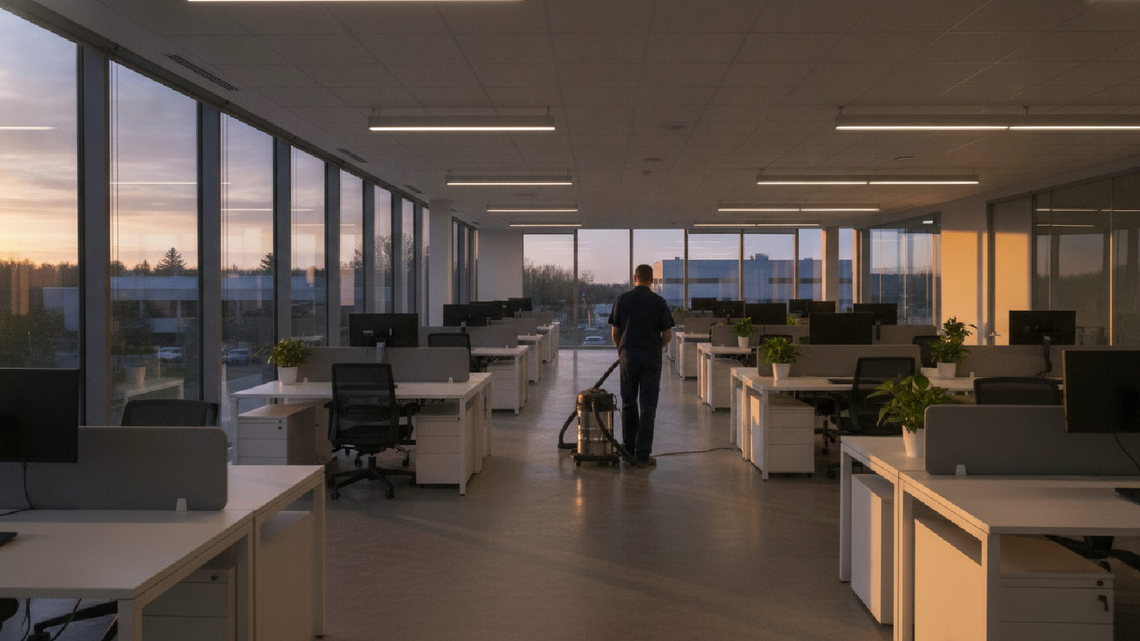 Préposée à l'entretien qui nettoie un plateau de bureaux moderne à Brossard en soirée