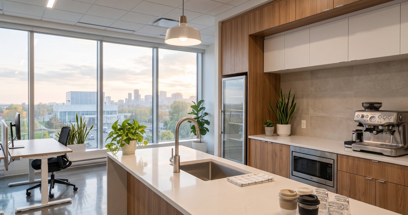 Cuisinette de bureau propre et dégagée avec comptoir vide et évier impeccable
