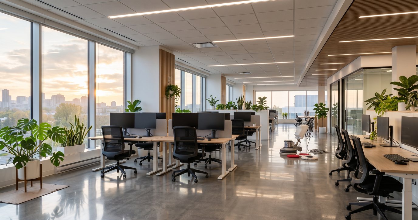 Travaux d'entretien dans un plateau de bureaux vide avant la rentrée — polisseuse et planchers remis à neuf
