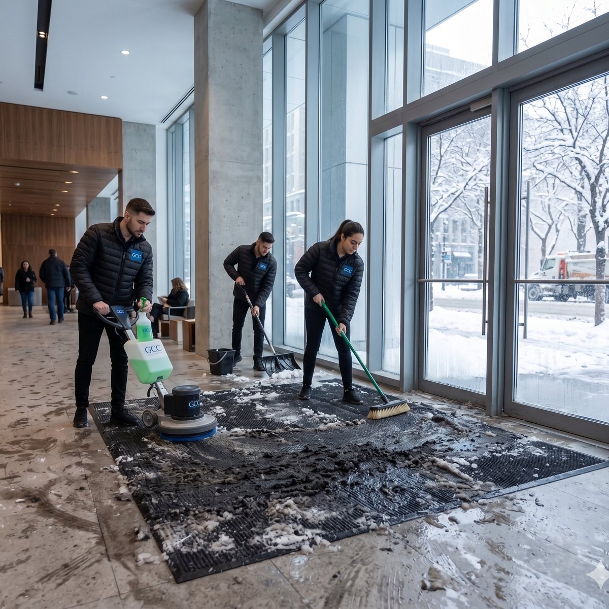 Équipe GCC nettoyant un hall d'entrée d'immeuble en hiver à Montréal