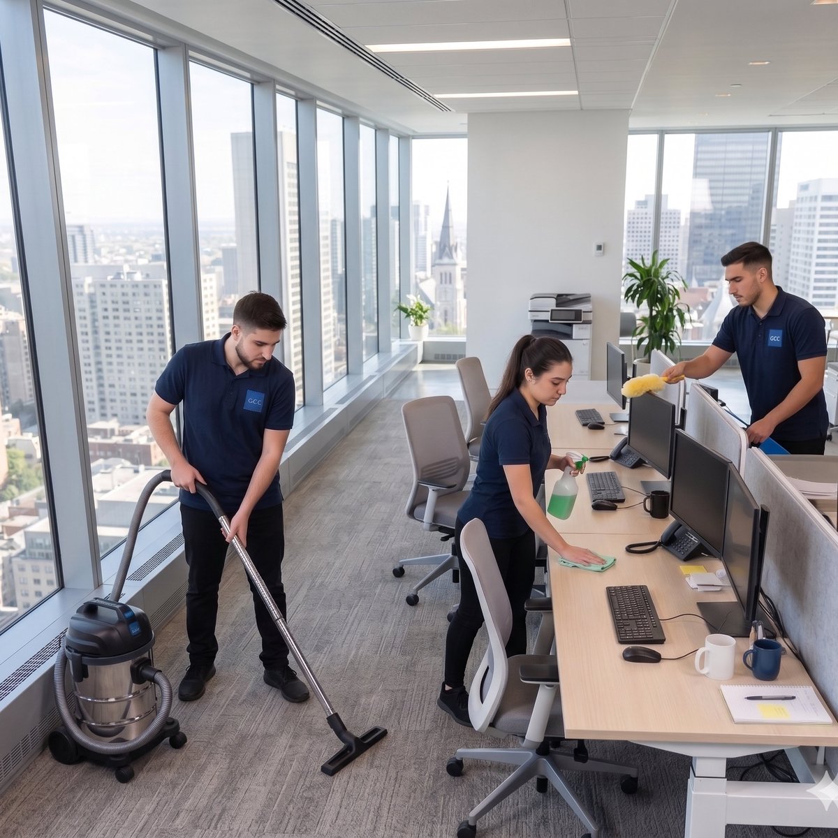 Équipe GCC nettoyant des bureaux corporatifs à Montréal