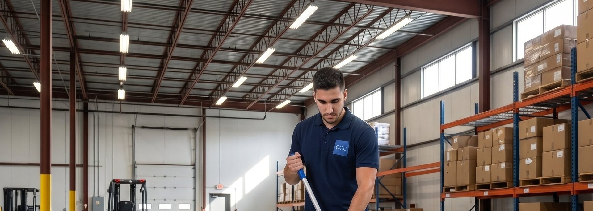 Technicien GCC nettoyant un entrepôt industriel avec mop, forklift et étagères de stockage
